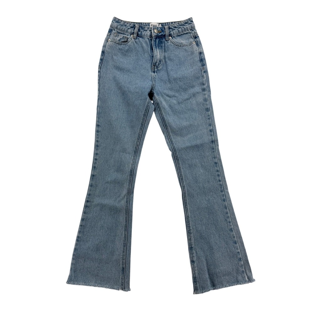 Princess Polly High Waisted Flare Jeans Light Wash Blue Raw Hem Size 2